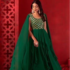 NWT Forest Green Sequin Mirror And Zari Embroidered Gown